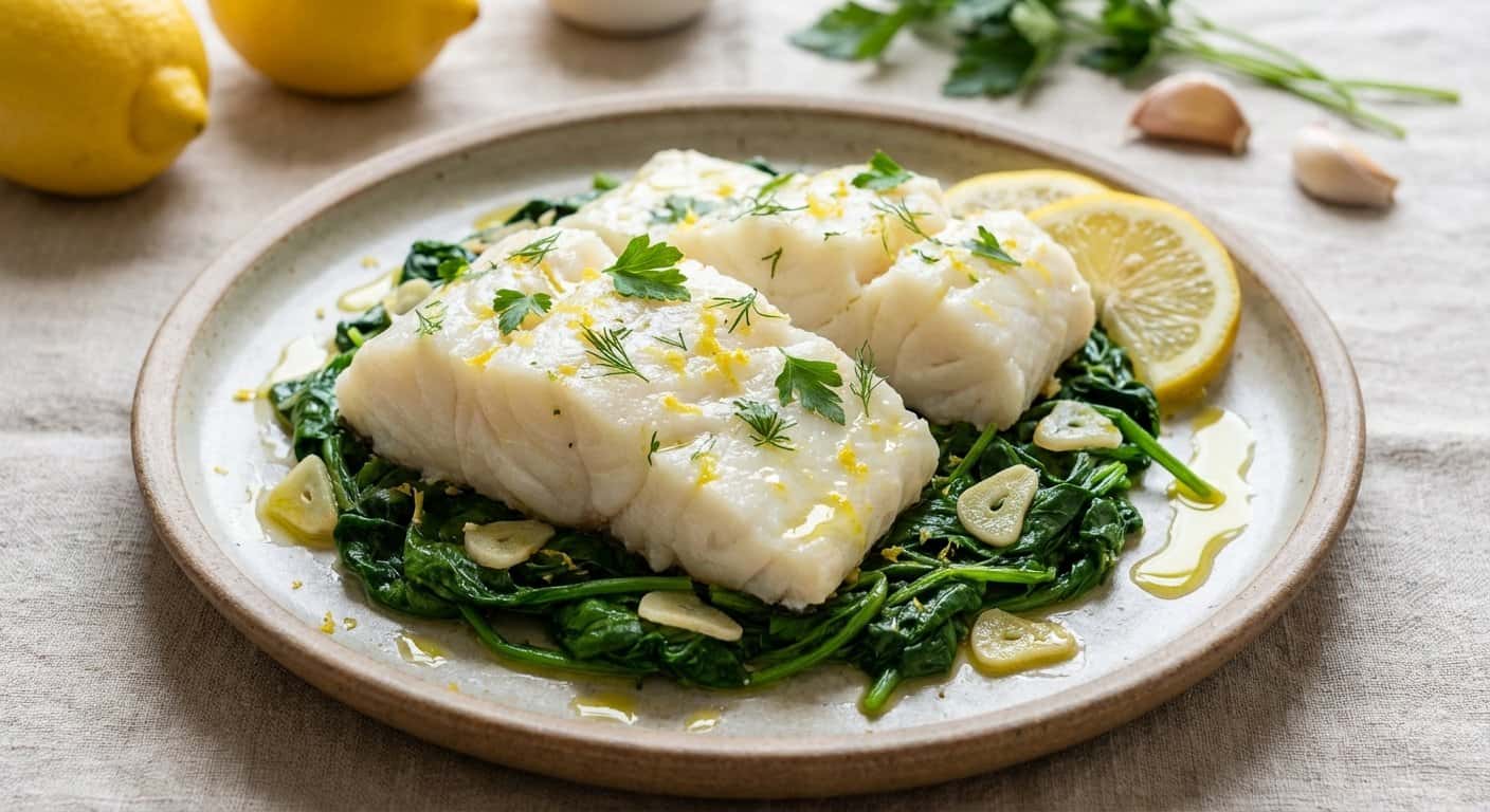 Bacalao al vapor con espinacas salteadas