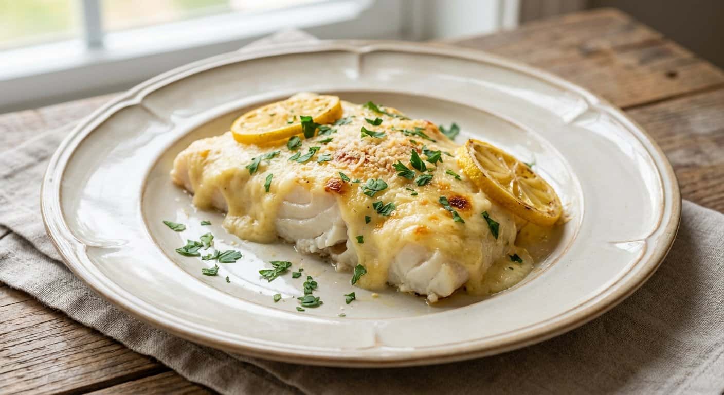 Bacalao estilo mediterráneo con salsa de queso