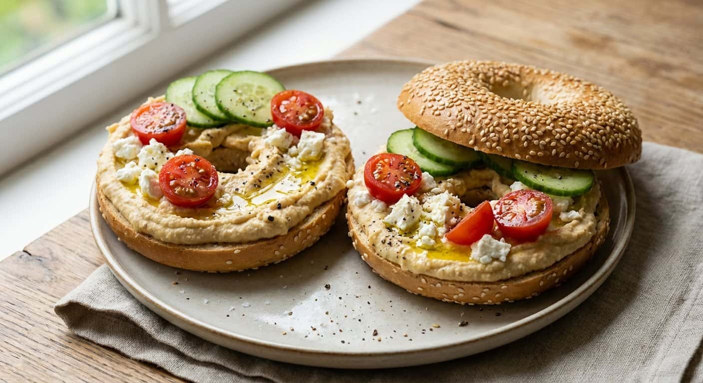 Bagel con Feta y Hummus