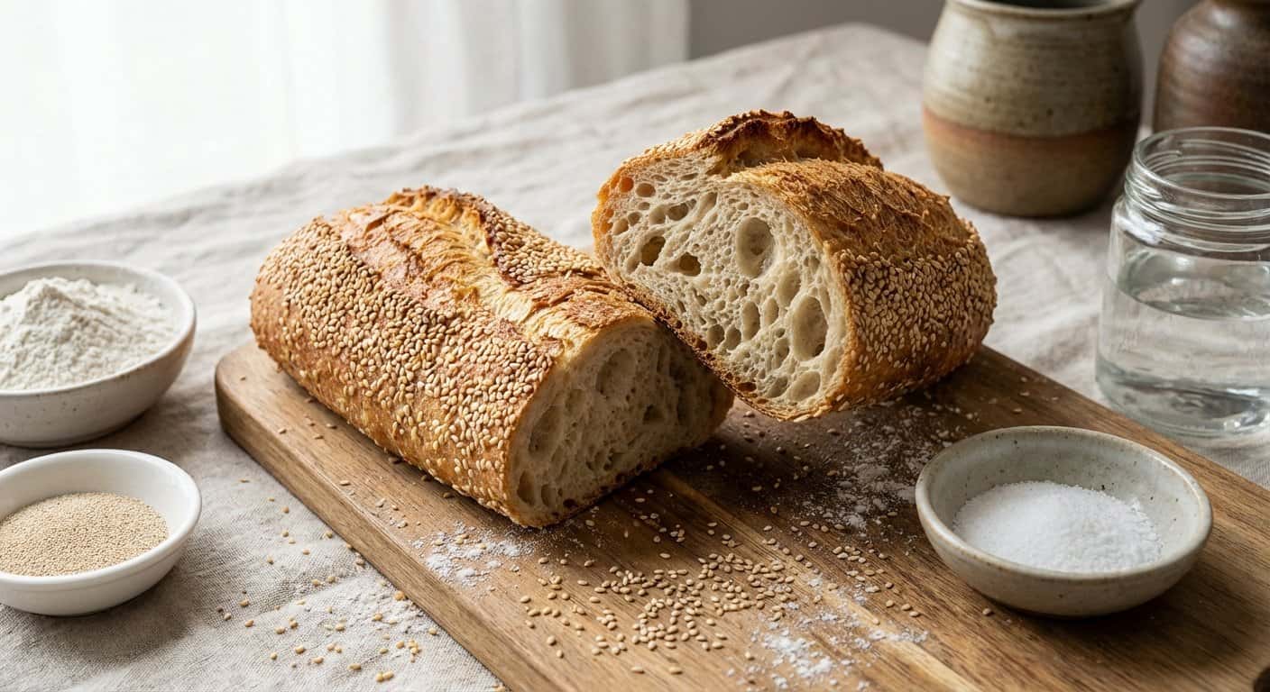 Baguette sin amasado con sésamo