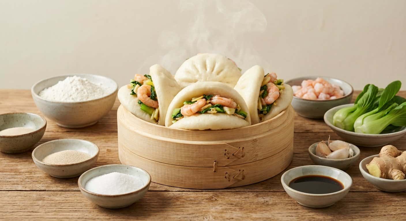 Baozi Pekín rellenos de gambas y pak choi