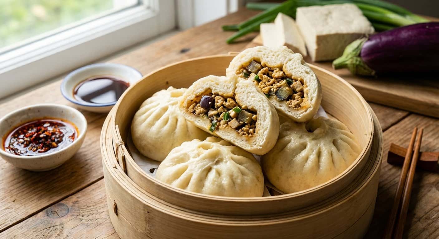 Baozi Xinjiang rellenos de tofu y berenjena