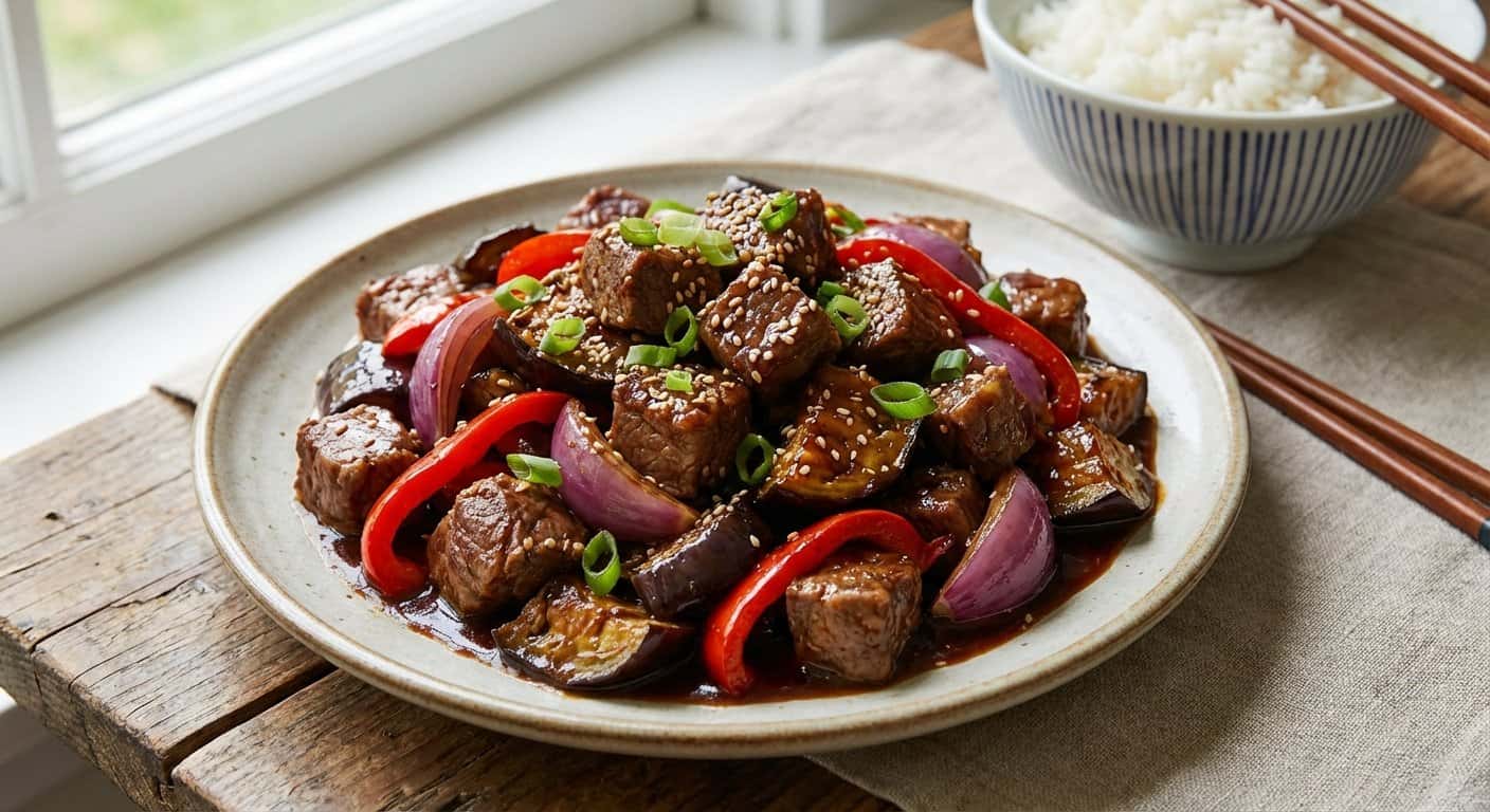 Berenjena Cantonesa con Cordero y Salsa Hoisin