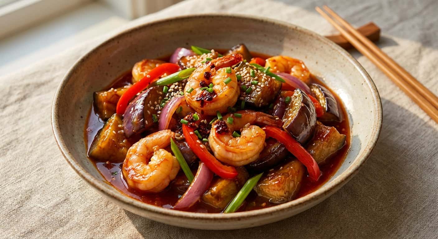 Berenjena Cantonesa con Gambas y Salsa Agridulce