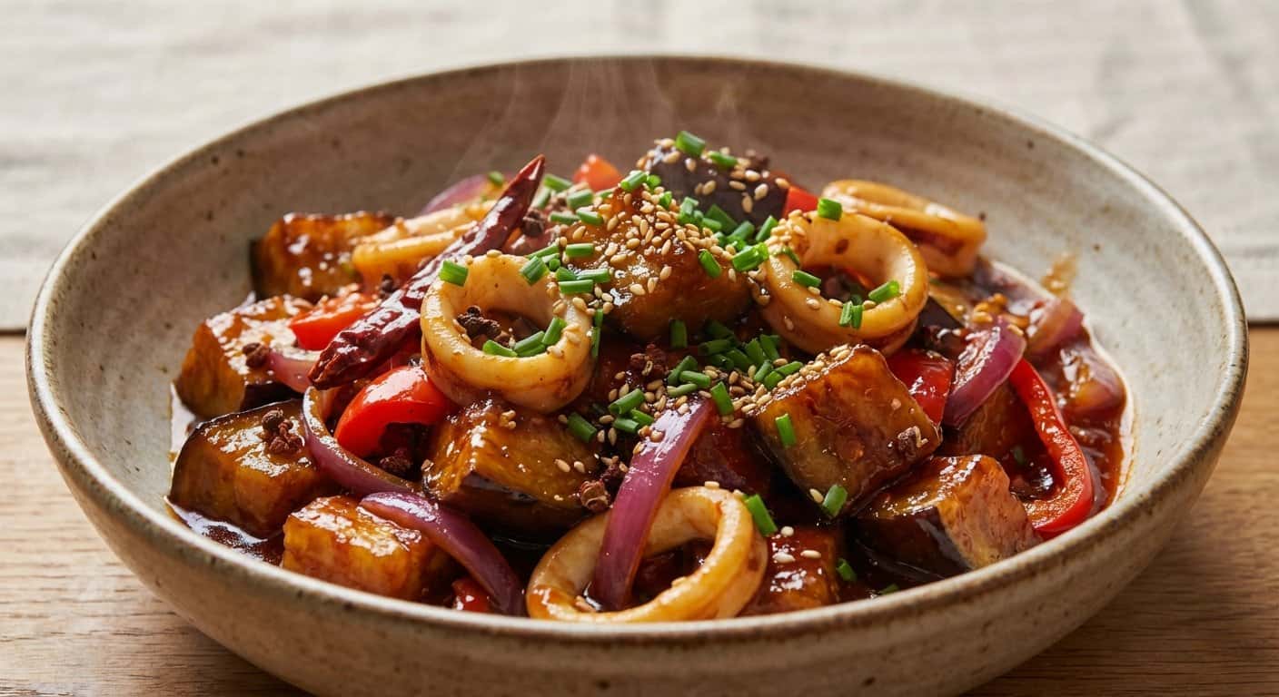 Berenjena Hunan con Calamar y Salsa Agridulce