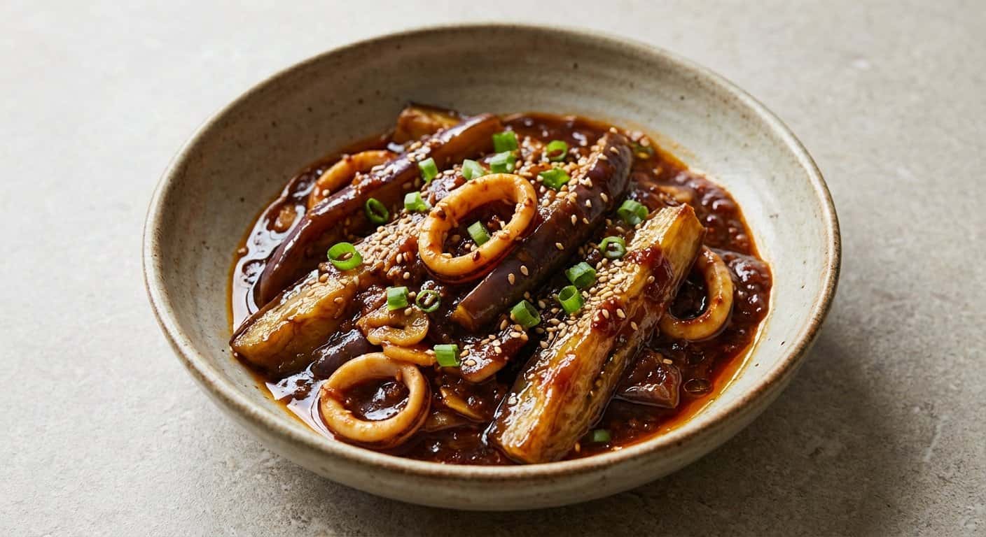 Berenjena Pekín con Calamar y Doubanjiang