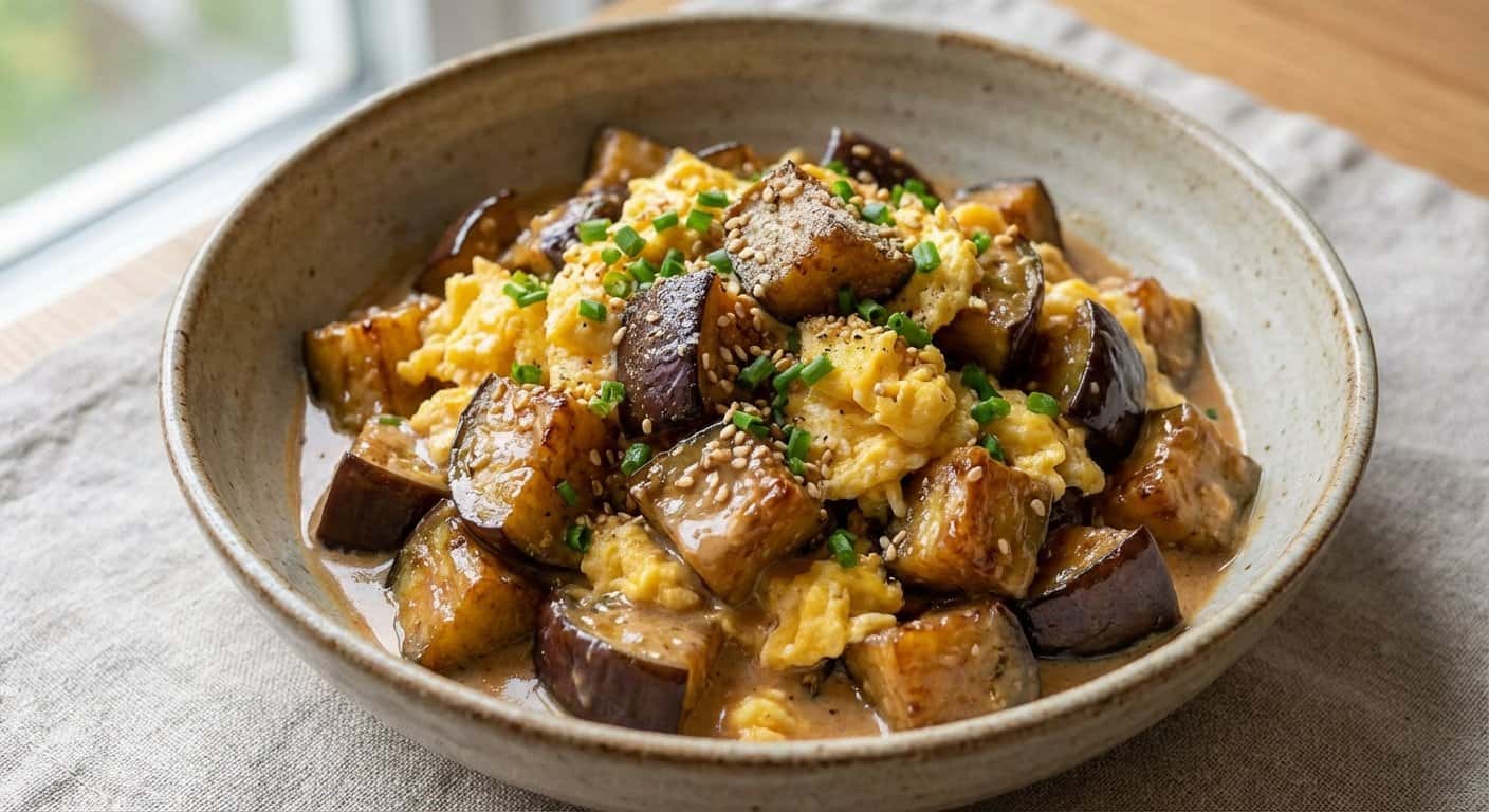 Berenjena Shanghainesa con Huevo y Salsa de Sésamo