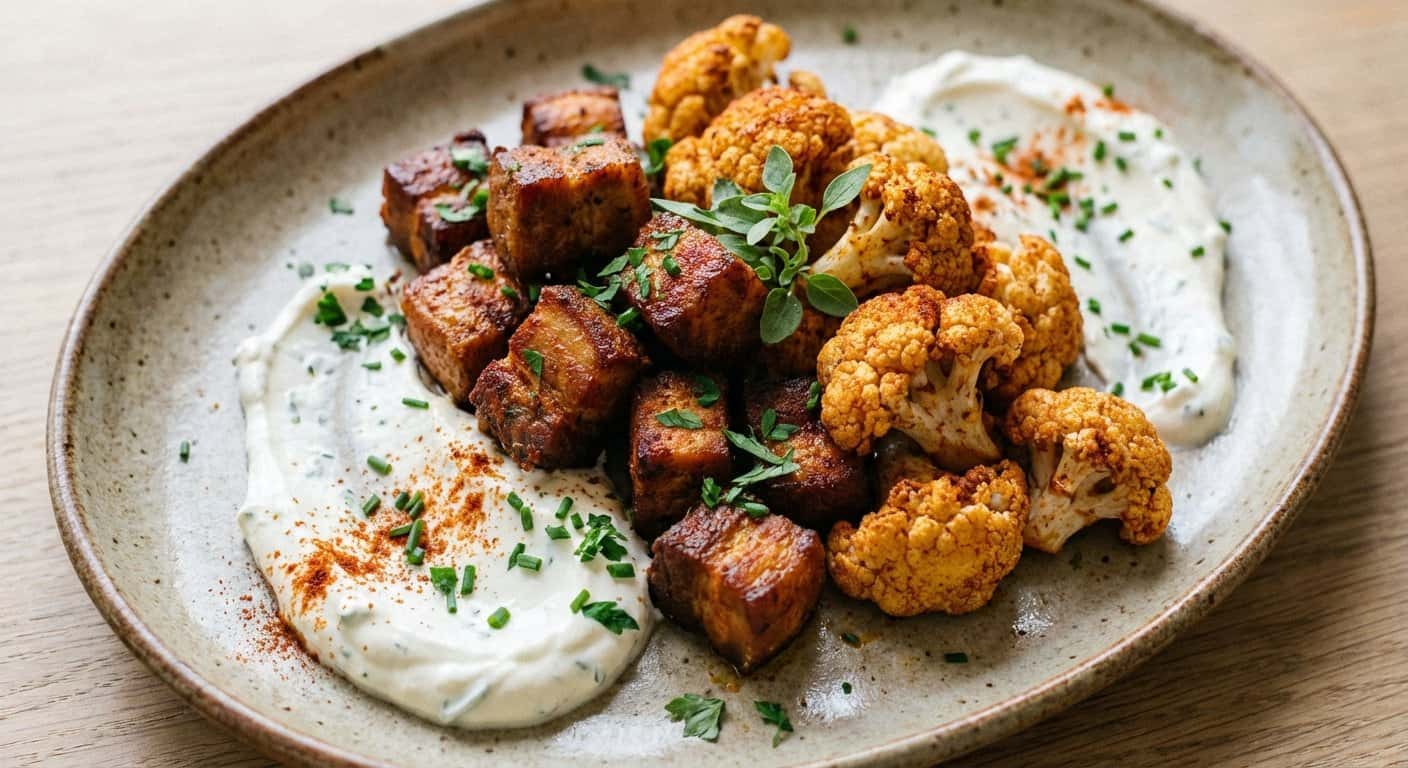 Bocaditos de Cerdo con Coliflor y Crema de Queso Fresco