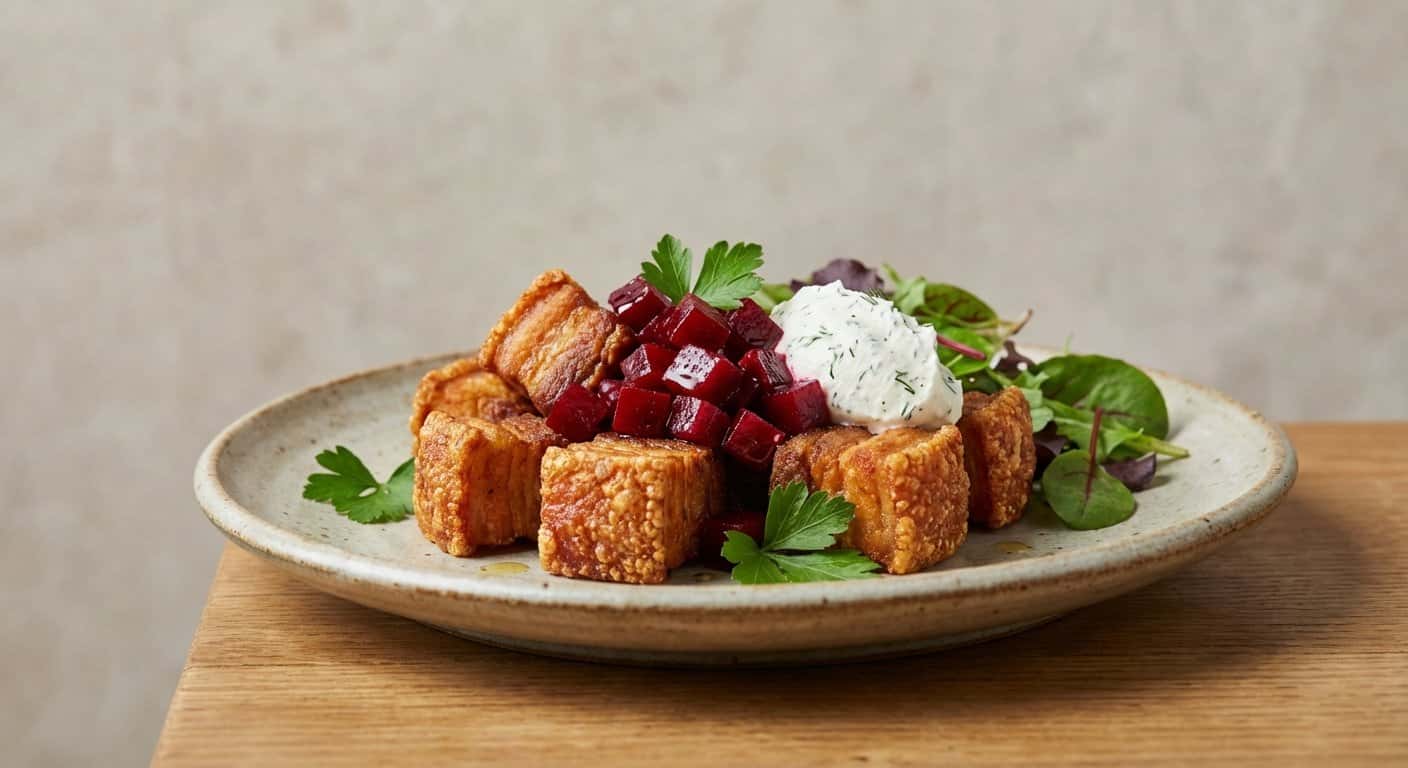Bocaditos de cerdo con remolacha y crema de queso fresco