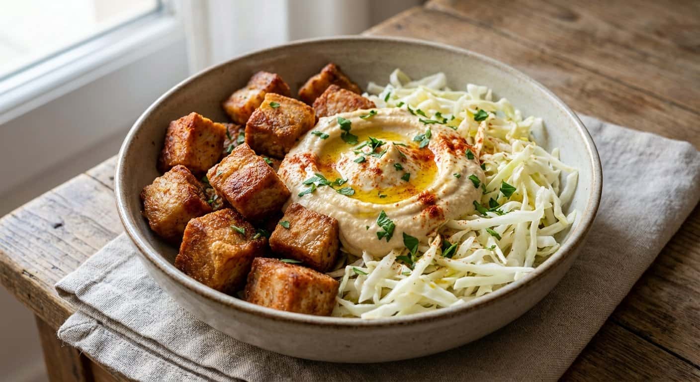 Bocaditos de Cerdo con Repollo y Hummus Suave