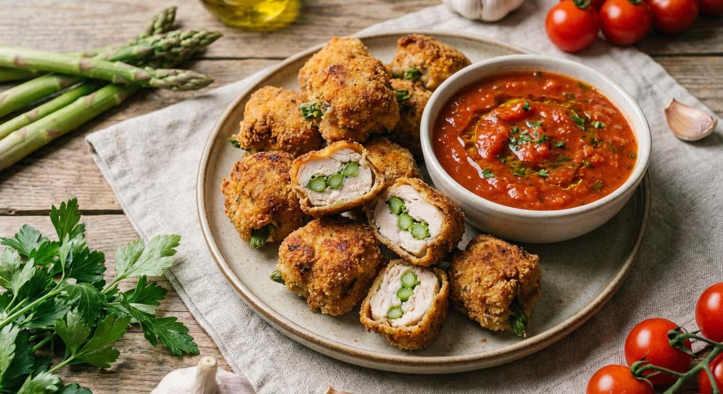 Bocaditos de pollo con espárragos y salsa de tomate