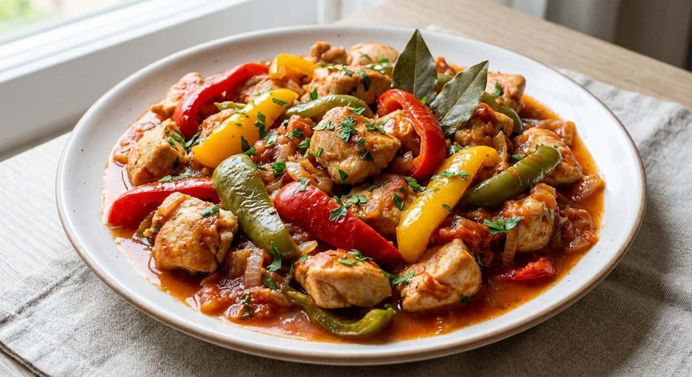 Bocaditos de Pollo con Pimientos y Salsa de Tomate