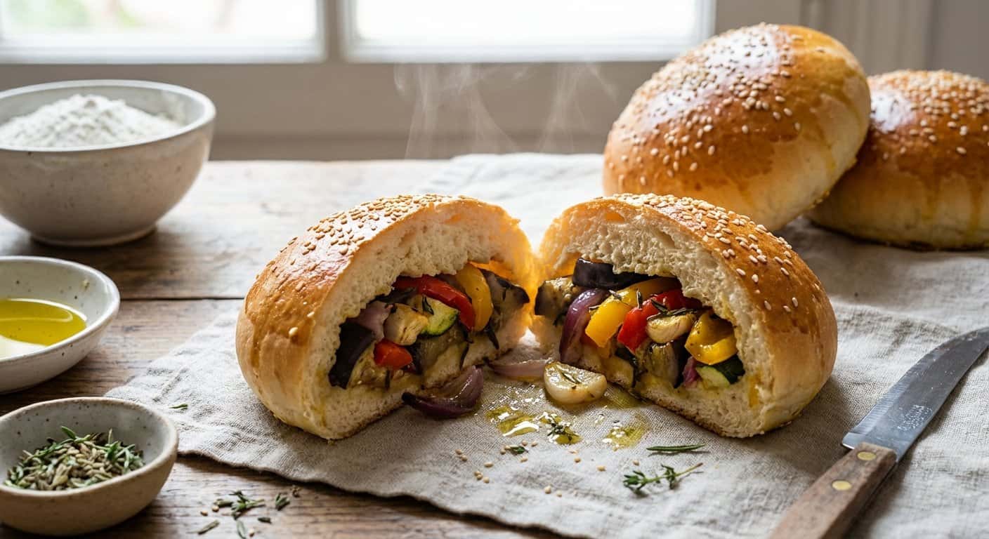 Bollos con reposo en frío rellenos de verduras asadas