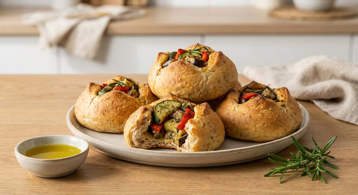 Bollos de Fermentación Larga Rellenos de Verduras Asadas