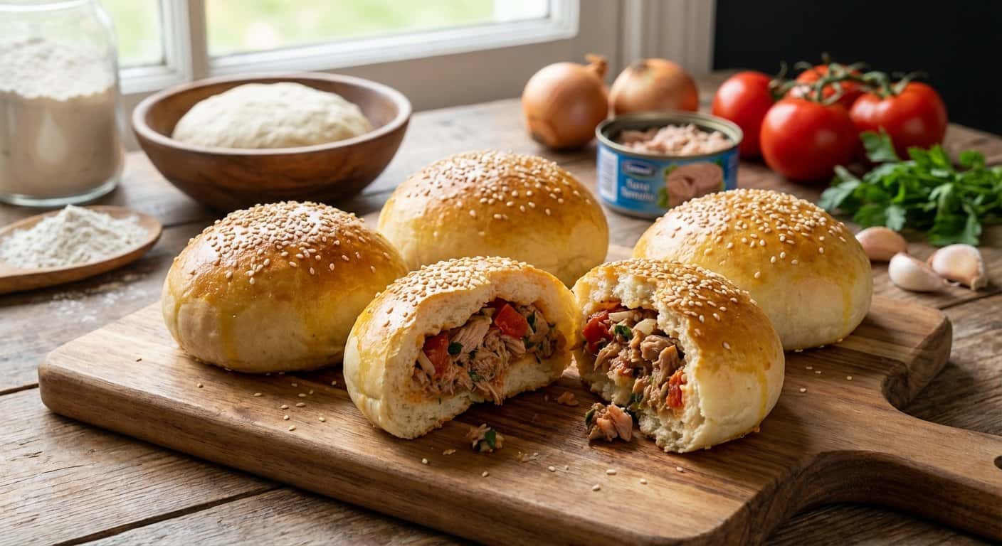 Bollos sin amasado rellenos de atún y tomate