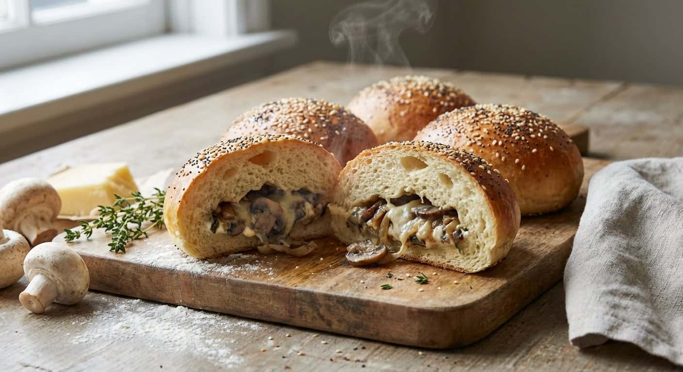 Bollos sin amasado rellenos de setas y queso