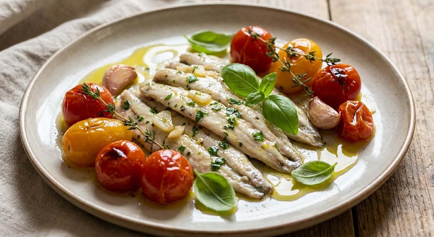 Boquerones al vapor con tomate confitado