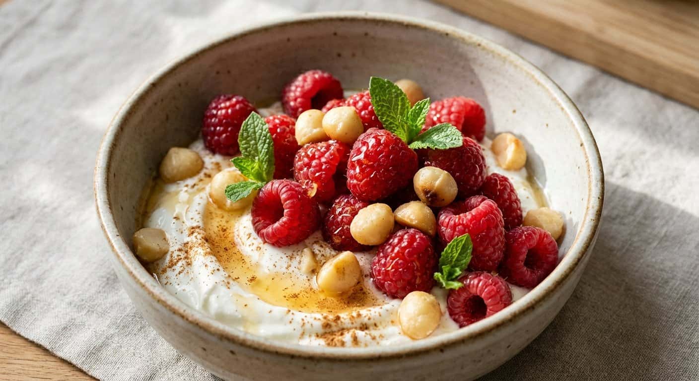 Bowl de yogur con frambuesa y macadamia