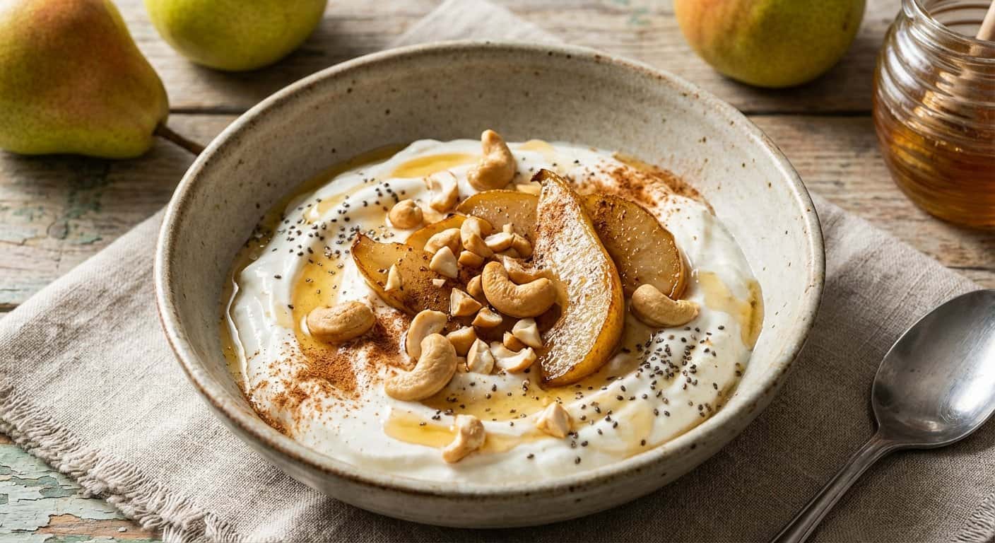 Bowl de yogur con pera y anacardo