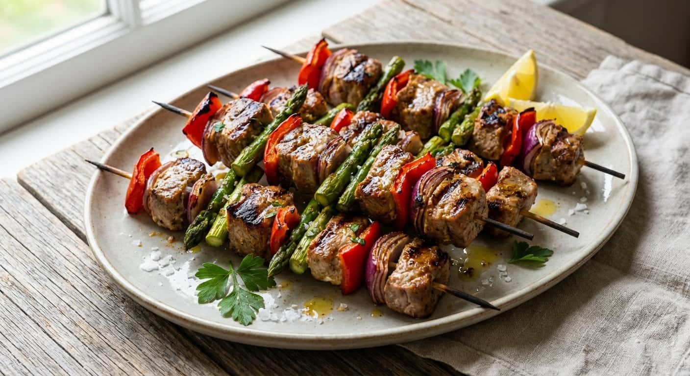 Brochetas de cerdo con espárragos y comino