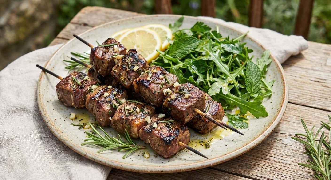 Brochetas de Cordero al Ajillo con Ensalada de Hierbas