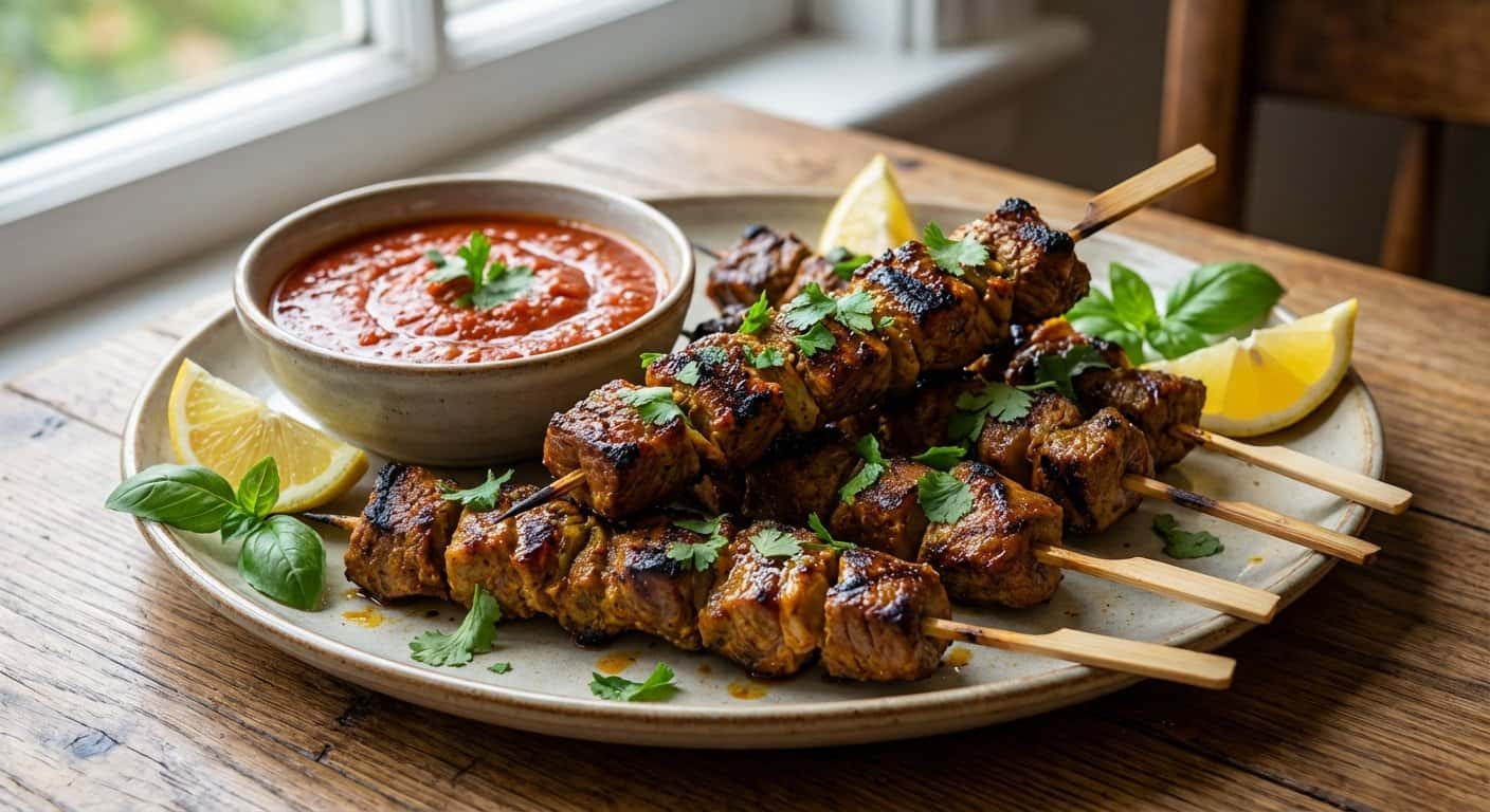 Brochetas de Cordero al Curry Suave con Salsa de Tomate