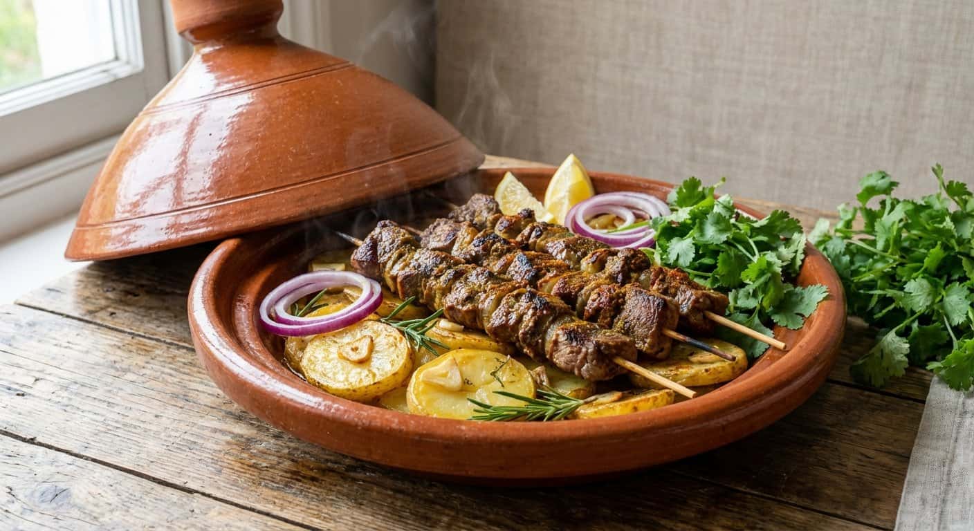 Brochetas de Cordero en Tajine con Patatas Panadera