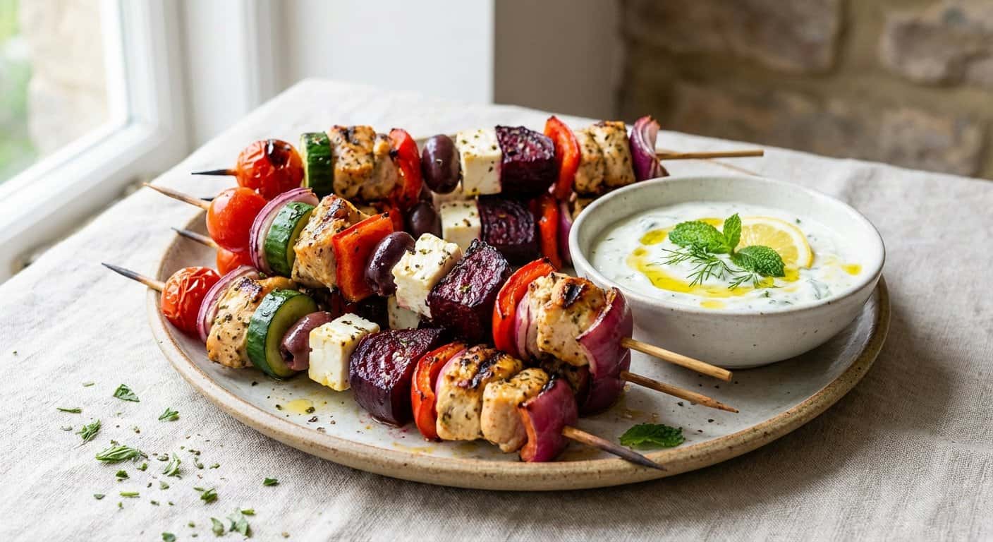 Brochetas de Pollo con Remolacha y Mezcla Mediterránea