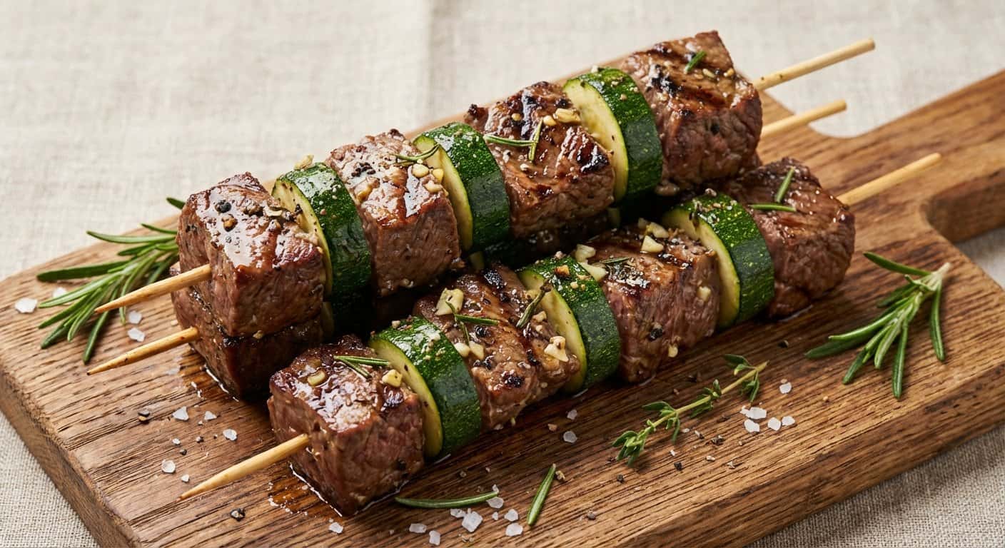 Brochetas de Ternera con Calabacín y Pimienta Negra