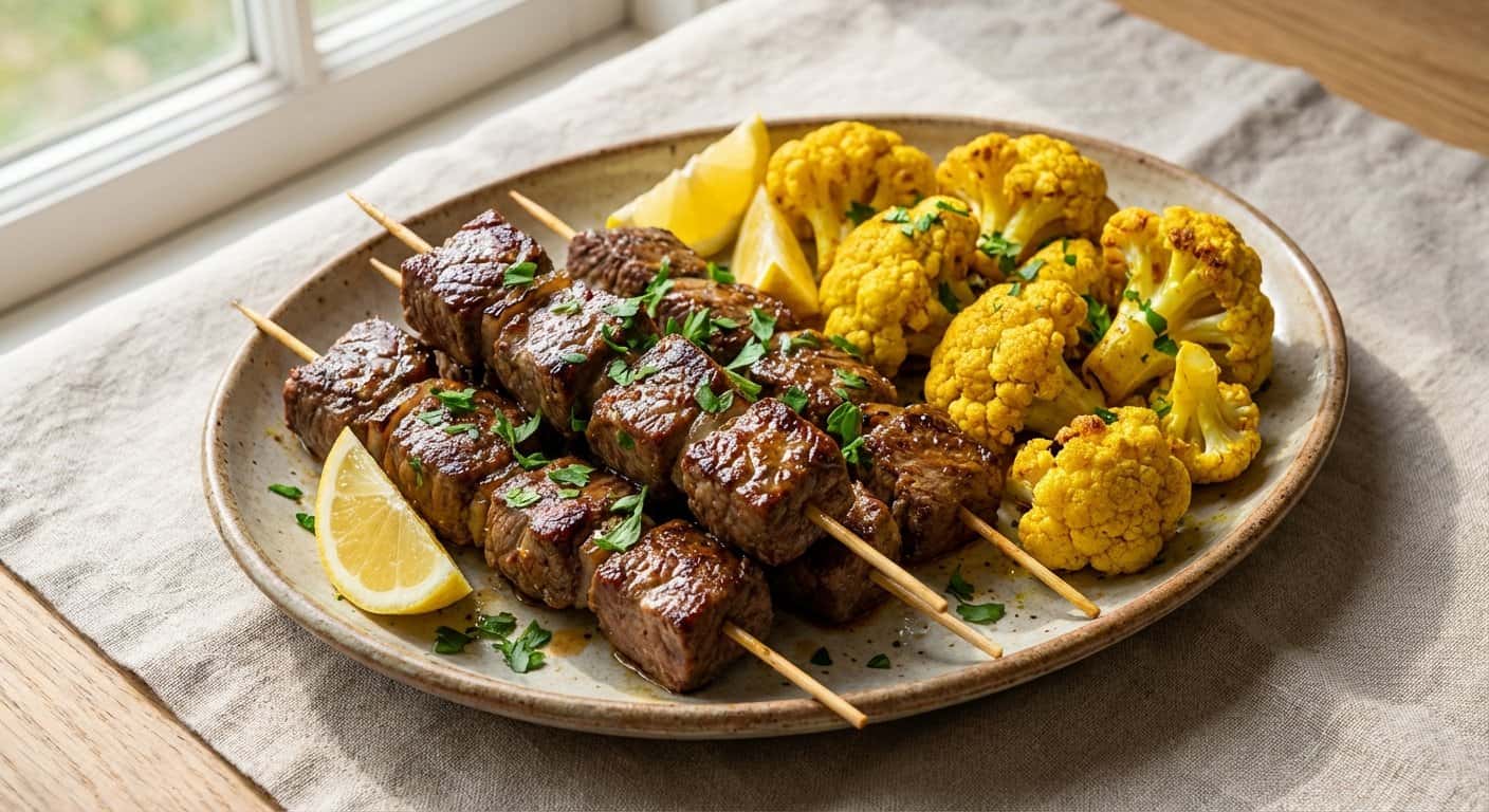 Brochetas de ternera con coliflor y cúrcuma