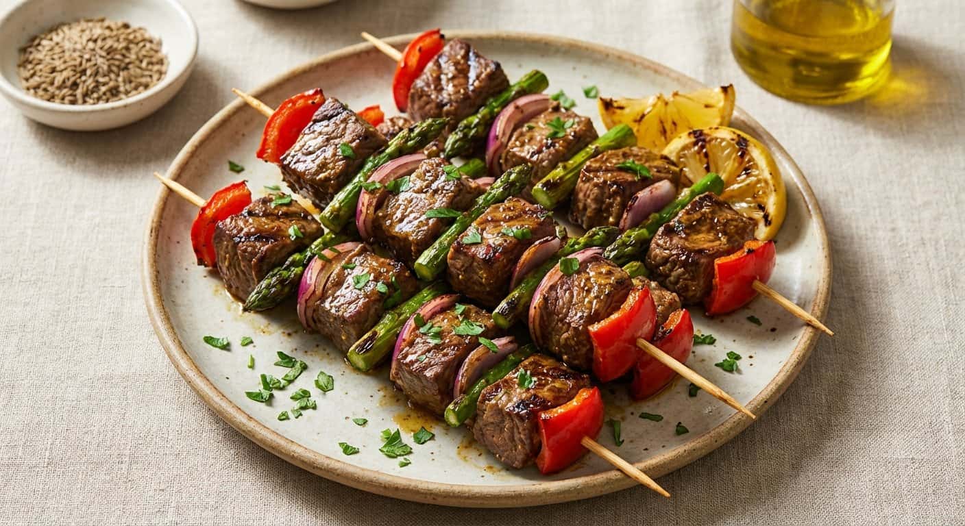Brochetas de Ternera con Espárragos y Comino