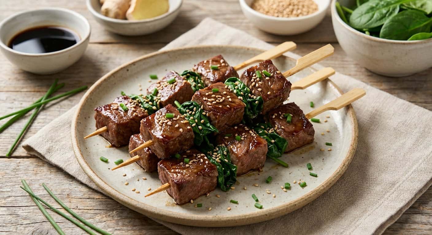 Brochetas de Ternera con Espinacas y Jengibre