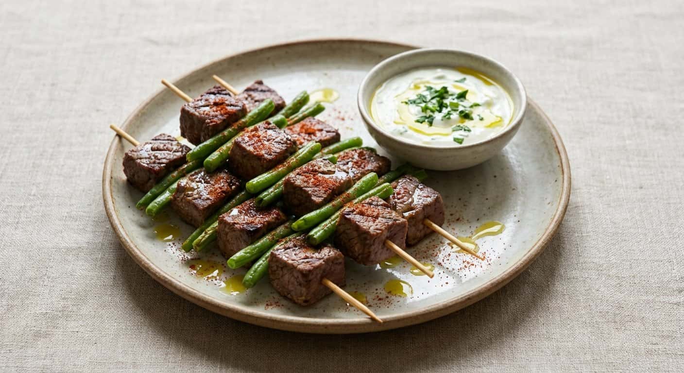 Brochetas de Ternera con Judías Verdes y Pimentón Dulce