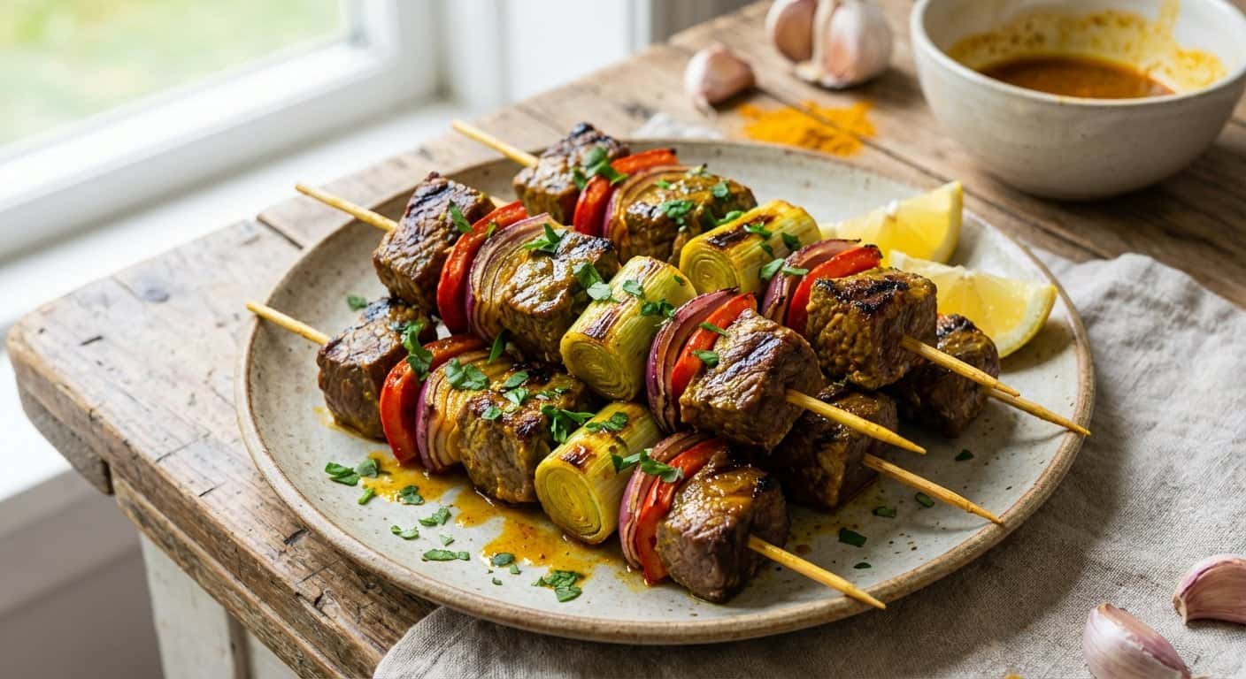 Brochetas de Ternera con Puerro y Cúrcuma