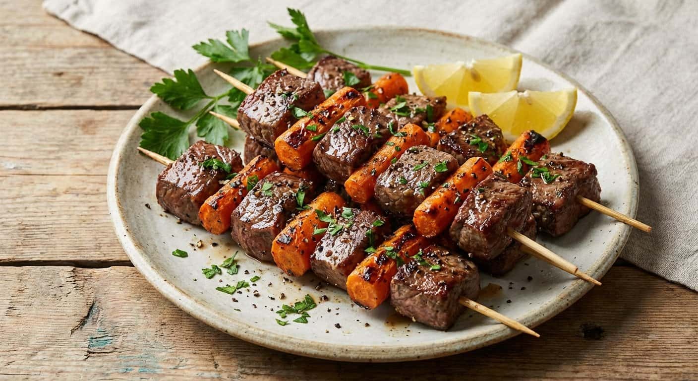 Brochetas de Ternera con Zanahoria y Pimienta Negra