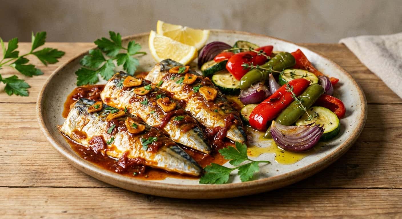 Caballa a la bilbaína con verduras asadas