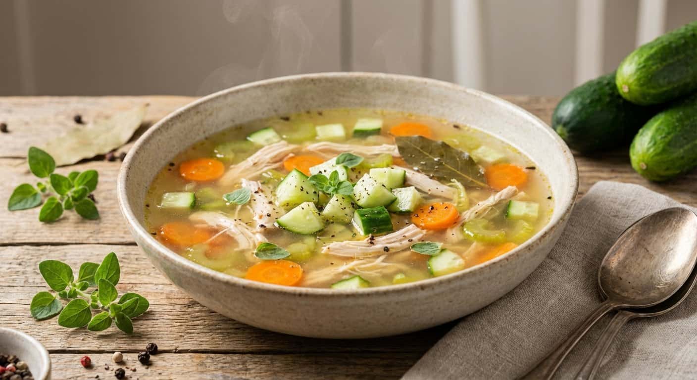 Caldo de Pollo Casero con Pepino y Orégano