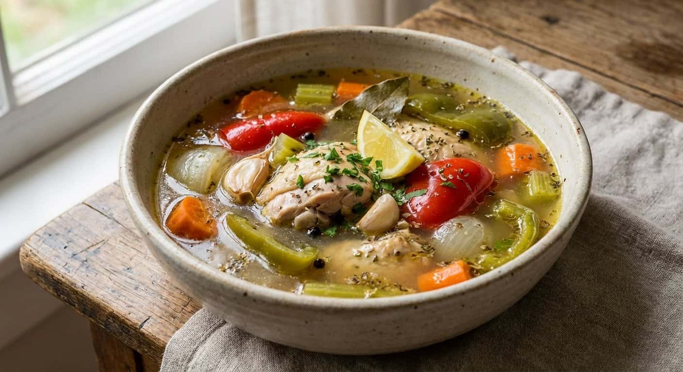 Caldo de Pollo Casero con Pimientos y Orégano