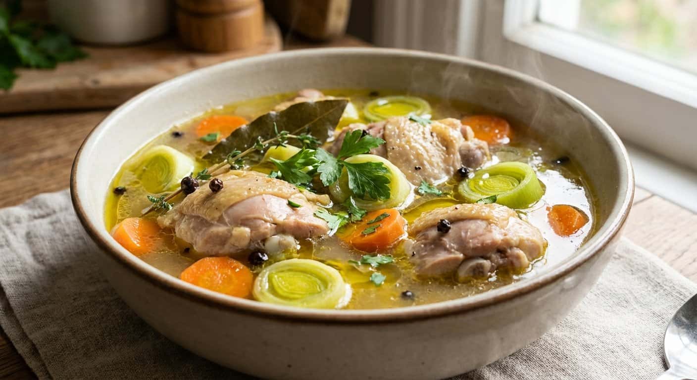 Caldo de pollo con puerro y especias suaves