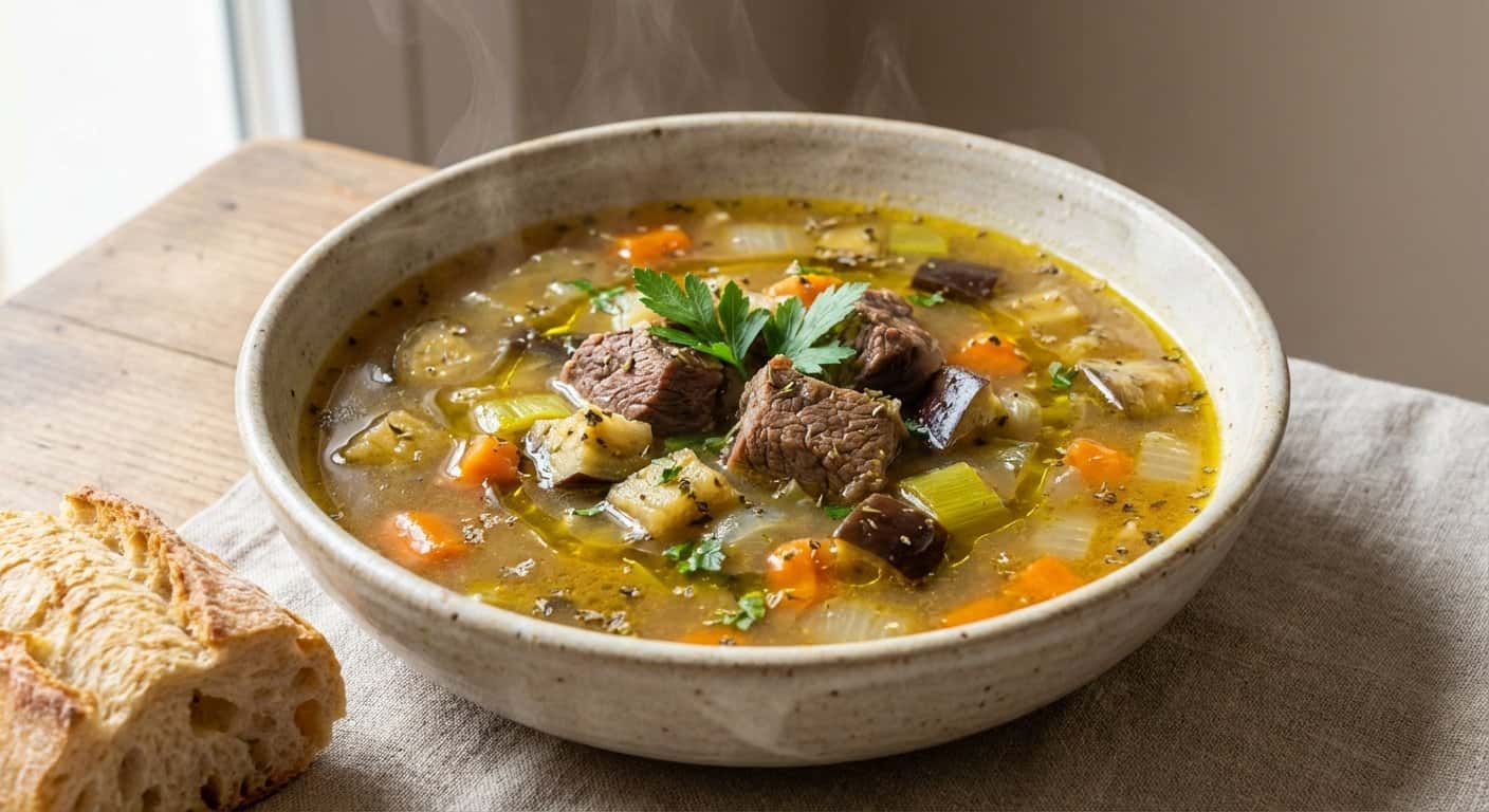 Caldo de Ternera Casero con Berenjena y Orégano
