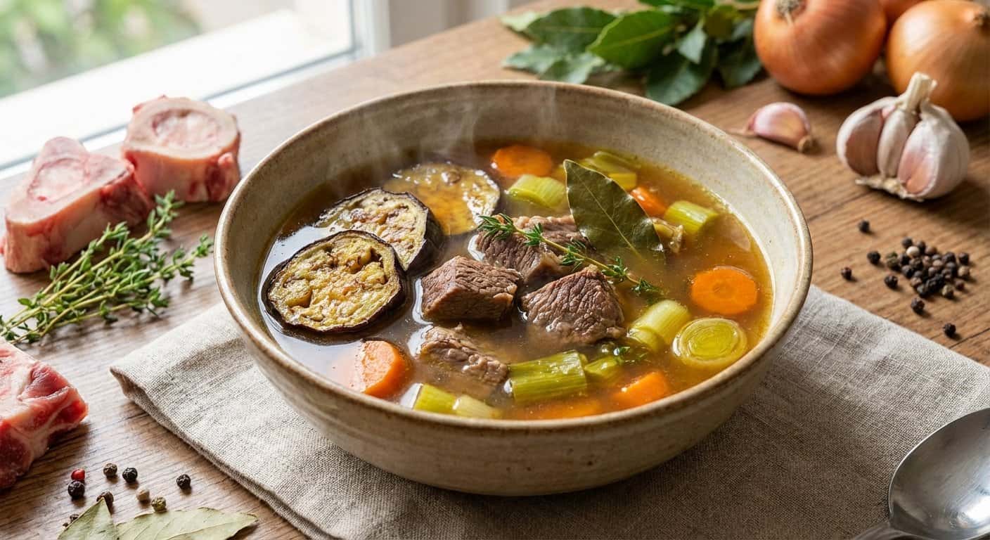 Caldo de Ternera Casero con Berenjena y Tomillo