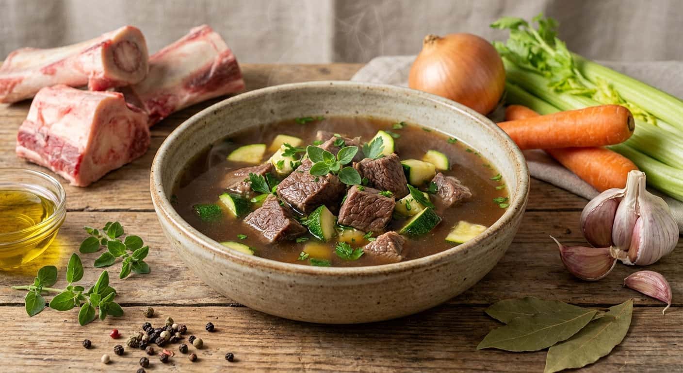 Caldo de Ternera Casero con Calabacín y Orégano