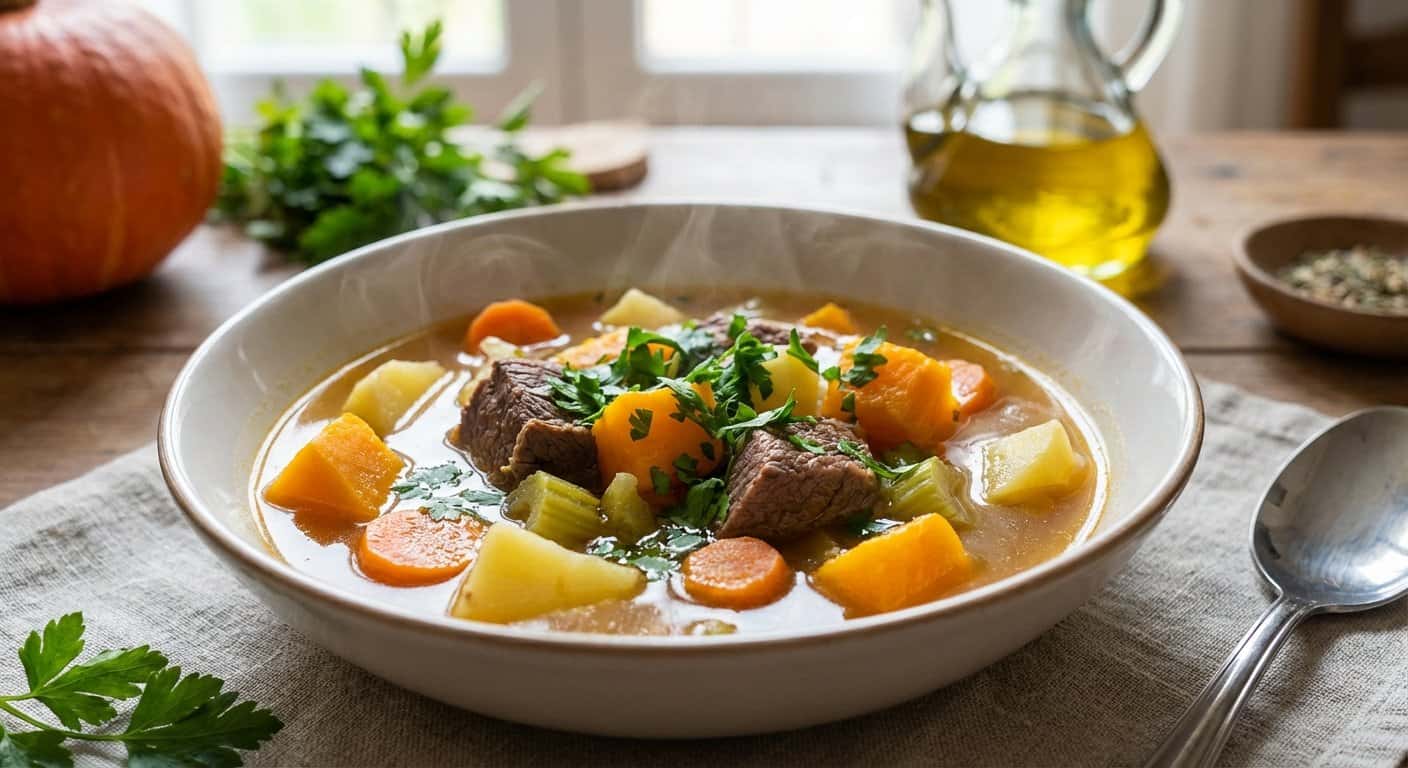 Caldo de Ternera Casero con Calabaza y Perejil