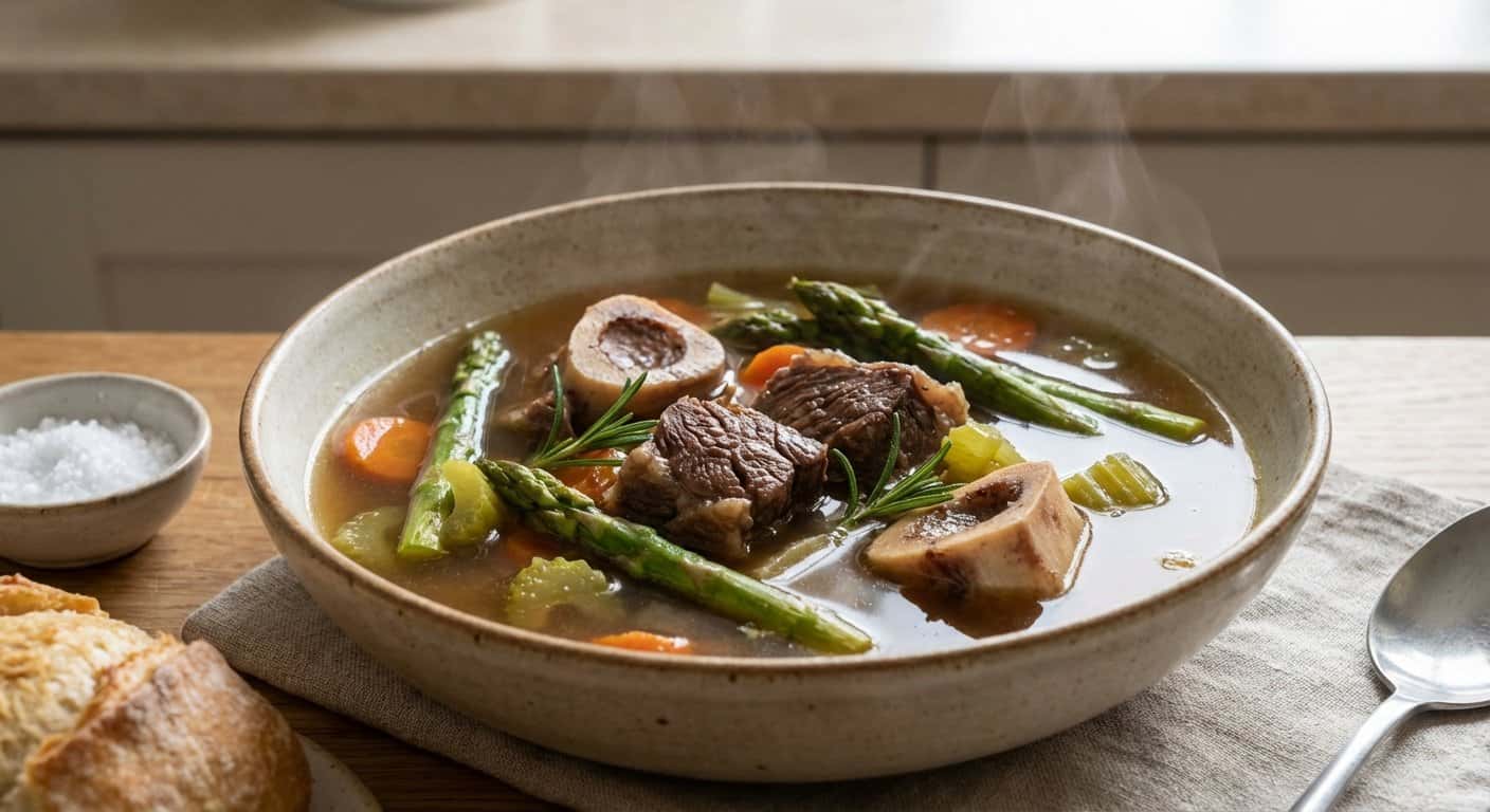 Caldo de Ternera Casero con Espárragos y Romero