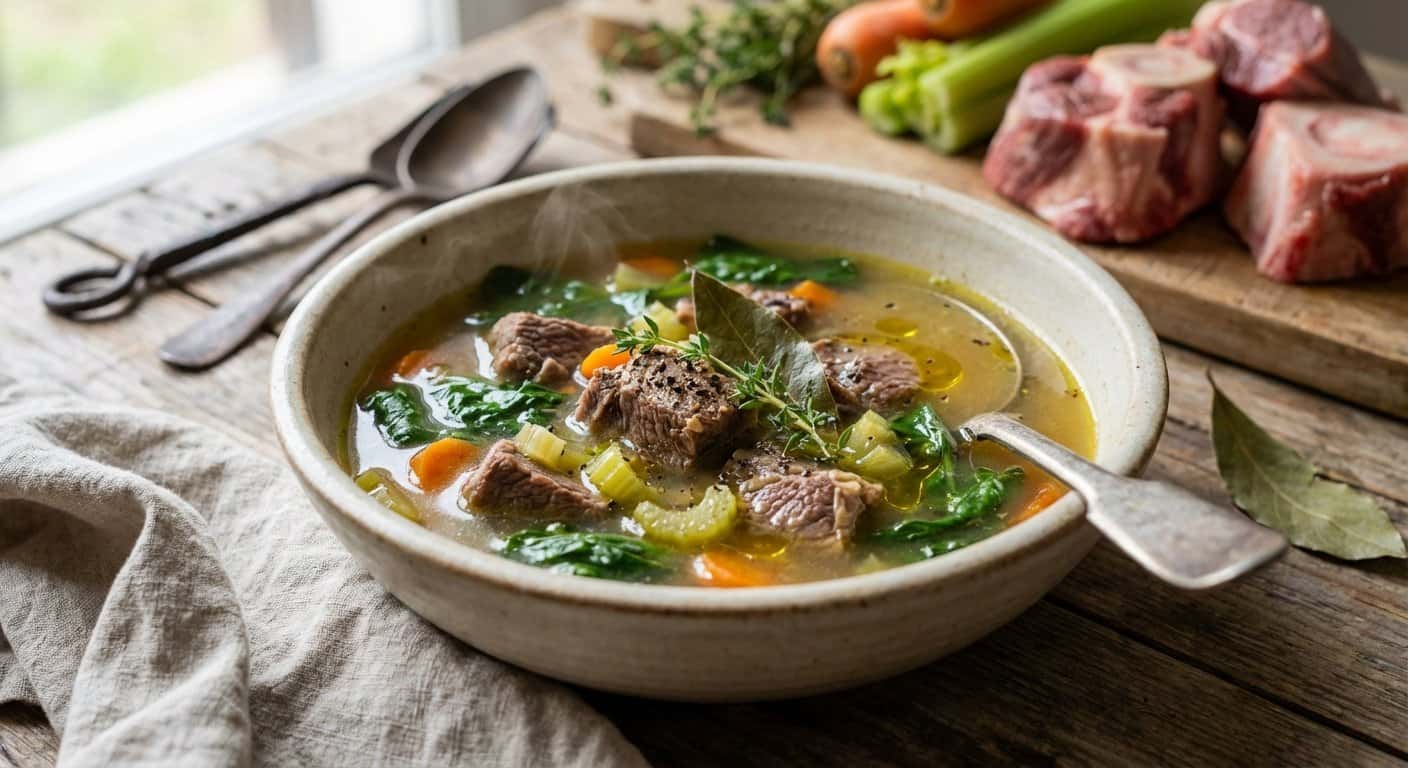 Caldo de Ternera Casero con Espinacas y Tomillo