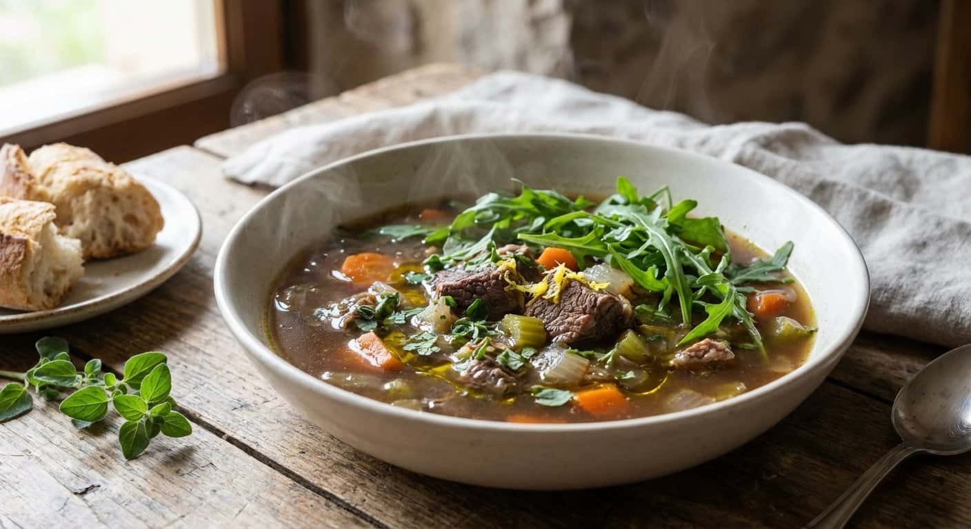 Caldo de Ternera Casero con Rúcula y Orégano