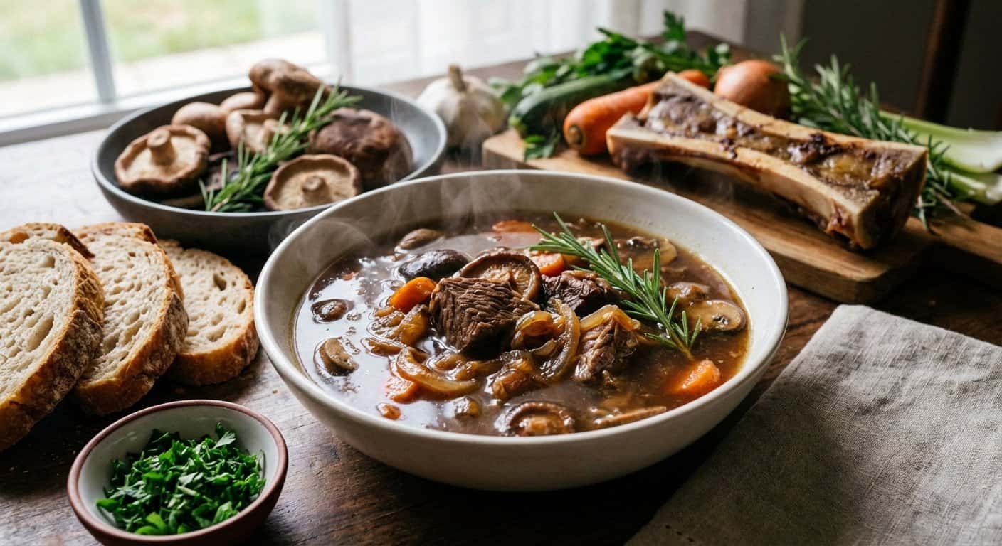 Caldo de Ternera Casero con Setas y Romero