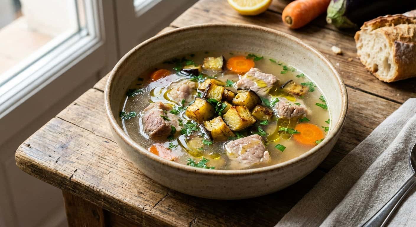 Caldo Ligero de Cerdo con Berenjena y Perejil