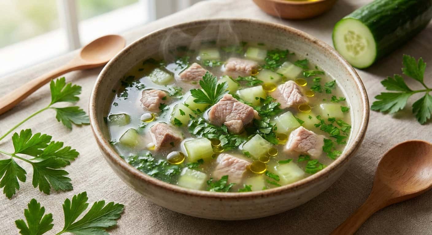 Caldo Ligero de Cerdo con Pepino y Perejil