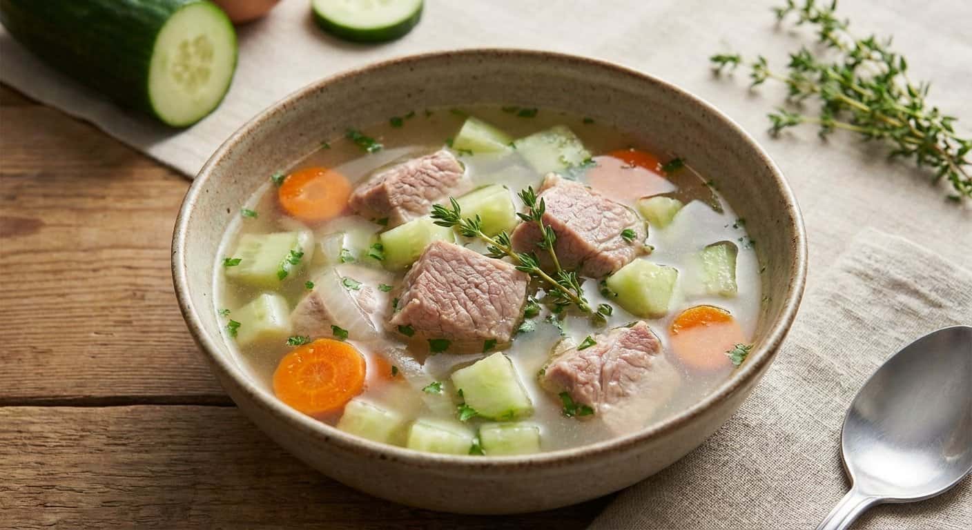 Caldo Ligero de Cerdo con Pepino y Tomillo